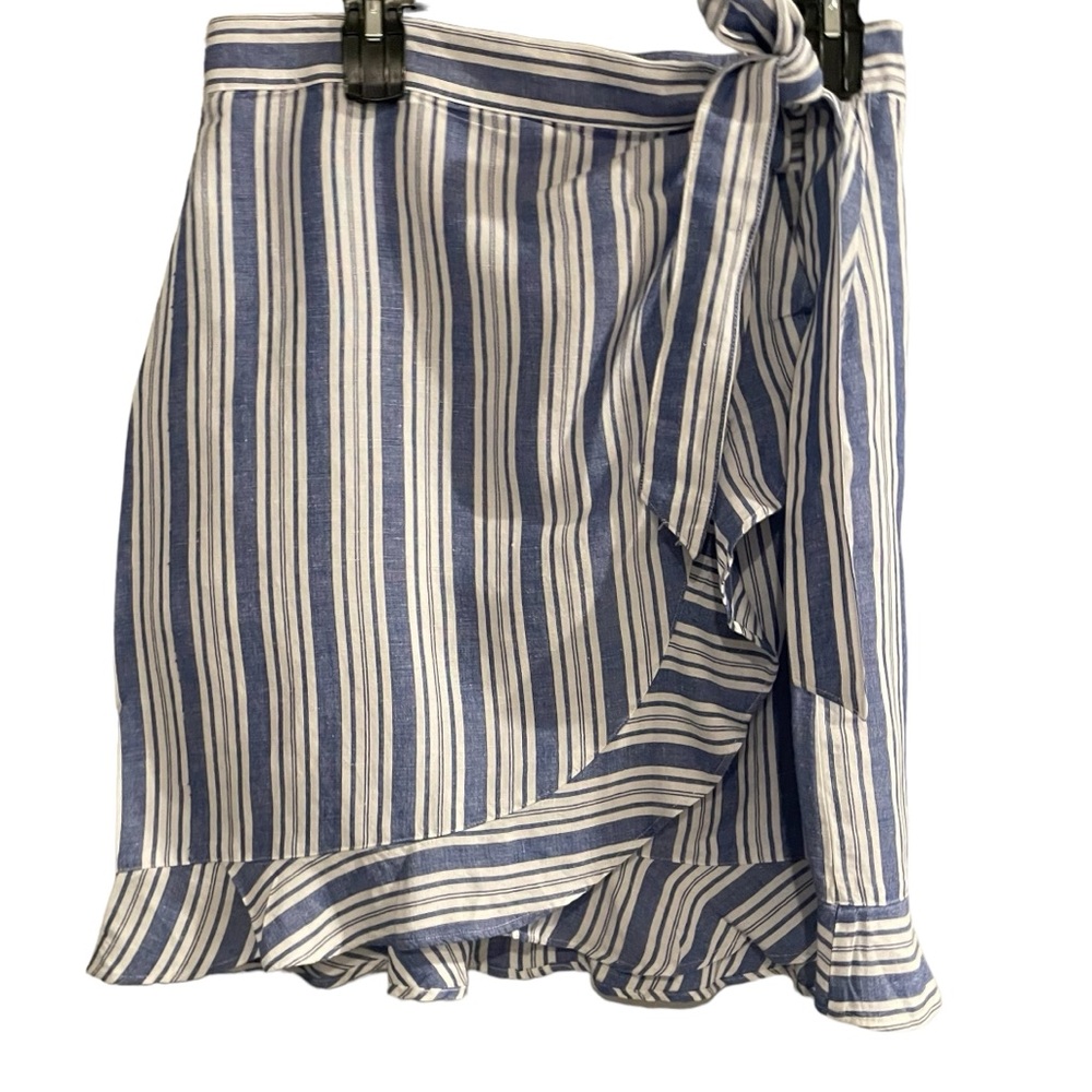 Loft Wrap Tie Knee Length Skirt Rayon Linen Blue White Striped Women's Size 12